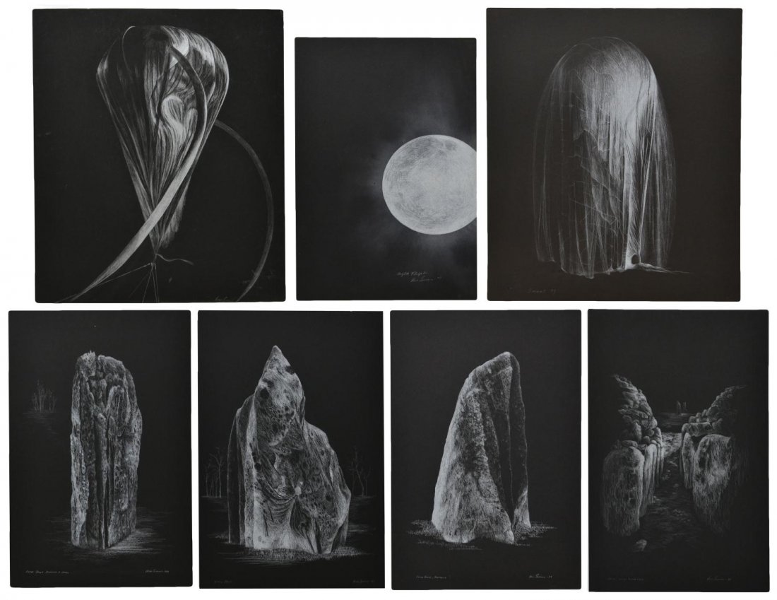 (7) DRAWINGS, BALLOONS, MOON, CLAVA, VERA SIMONS: (lot of 7) Collection of unframed drawings on black board, by Vera Simons (Vera Habrecht Simons, German/ American, 1920-2012), comprising: (1) "Night Flight", 1978; (1) "Clava Stone, Scotland", 1999; 