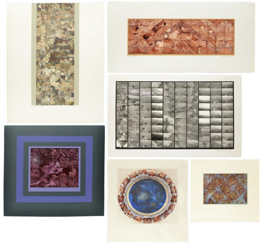 (6) MIXED MEDIA PHOTO COLLAGES, VERA SIMONS: (lot of 6) Unframed mixed media photo collages on board, by Vera Simons (Vera Habrecht Simons, German/American,1920-2012), comprising: (1) "Above the Mid West", 1981; (1) "Feathers", 1982, retaining p