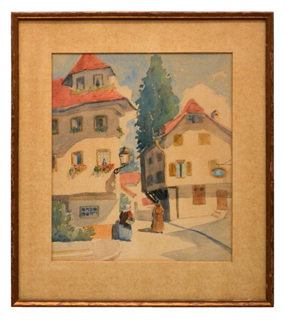 WATERCOLOR PAINTING, TOWN SCENE, VERA SIMONS: Framed watercolor painting, religious figure on town street, attributed to Vera Simons, (Vera Habrecht Simons, German/ American, 1920-2012), unsigned, sight: 13"h, 11.25"w, overall: 18.75"h, 16.5"w, 3