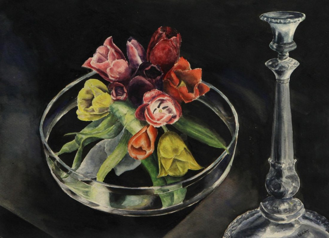 WATERCOLOR PAINTING, FLOWERS, VERA SIMONS: Framed watercolor painting, Still Life with Flowers, signed lower right Vera (Vera Habrecht Simons, German/ American, 1920-2012), sight: 11.5"h, 16.25"w, overall: 16.75"h, 20.25"w, 2.75lbs **Provenanc