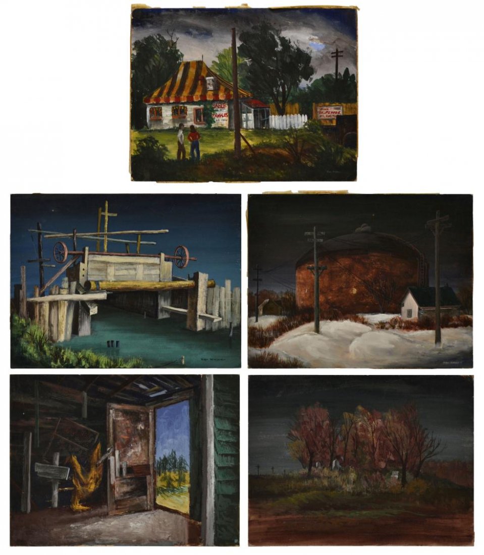 1950'S PAINTINGS, LANDSCAPES, VERA HABRECHT SIMONS: (lot of 5) Collection of unframed paintings on art board, building and landscape scenes, c. 1950's, by Vera Simons (Vera Habrecht Simons, German/ American, 1920-2012), most signed Vera Winzen, one dat