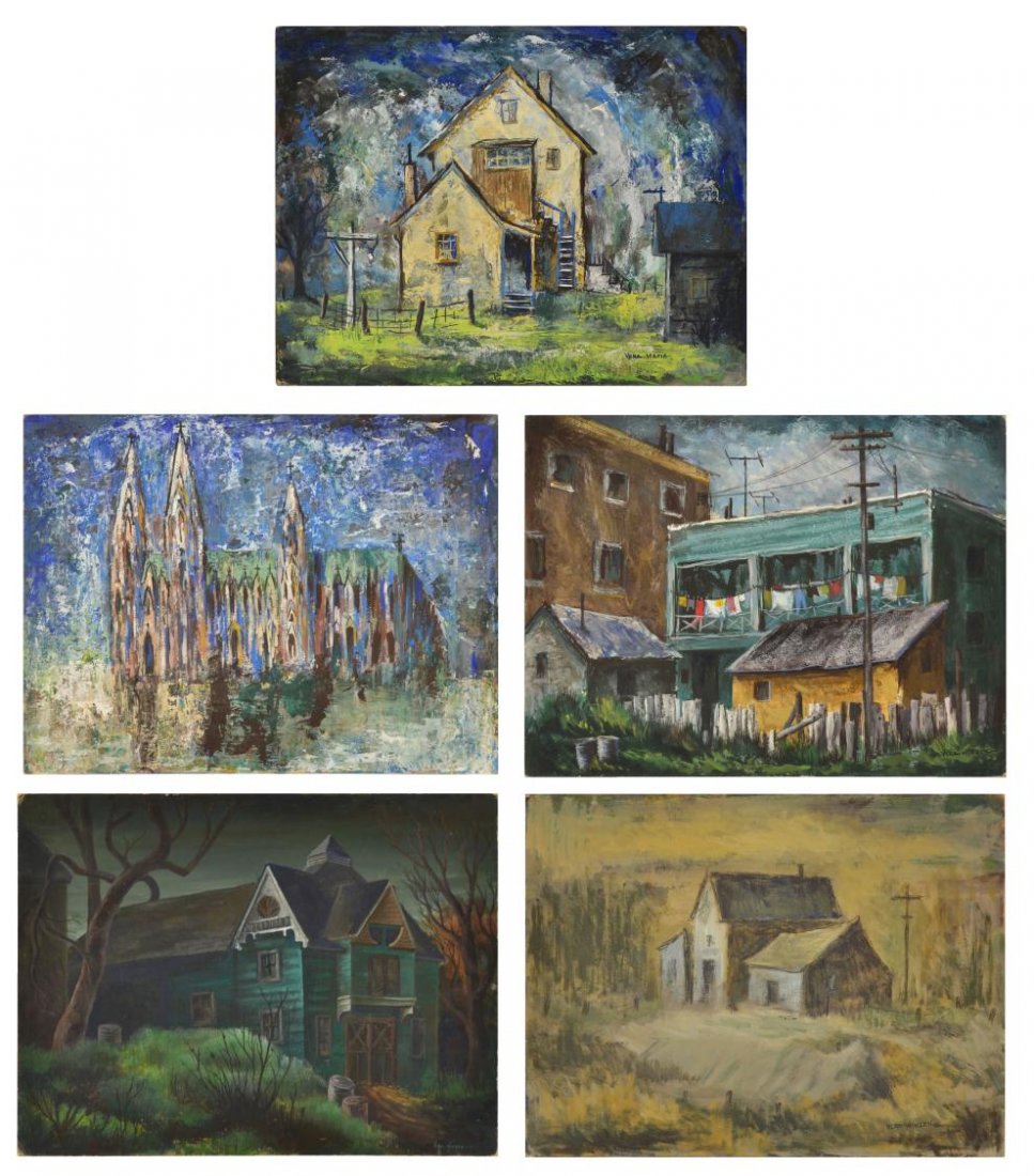 1950'S PAINTINGS, CHURCH, VERA HABRECHT SIMONS: (lot of 5) Collection of unframed paintings on art board, building and landscape scenes, c. 1950's, by Vera Simons (Vera Habrecht Simons, German/ American, 1920-2012), most signed Vera Winzen, one Ver