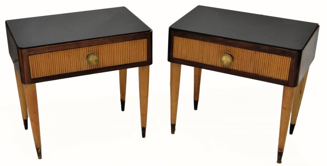 ITALIAN CONTRASTING WOOD GLASS TOP SIDE TABLES: (pair) Italian contrasting wood side tables, c. 1940's, each set with black glass top, over a single drawer, tapered legs end in brass cuffs, surface wear overall, one glass top with chips, 21.25"h, 2