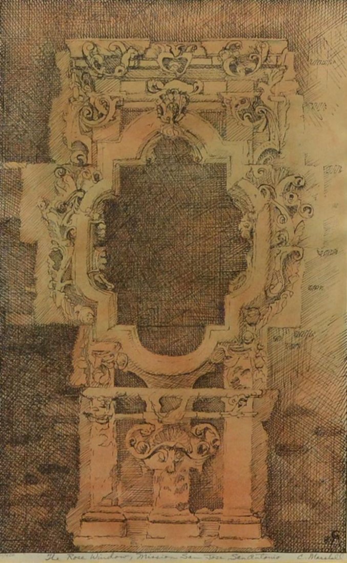 ETCHING, THE ROSE WINDOW, CAROLYN MARSHALL: Framed limited etching on paper, 'The Rose Window' in Mission San Jose, San Antonio, pencil signed lower right C. Marshall (Carolyn Marshall, Texas, 20th c.), numbered 11/450, copyright lower right, s