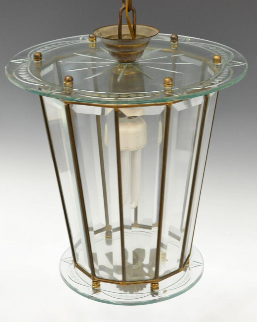 ITALIAN HANGING LANTERN FORM LIGHT FIXTURE: Italian single-light hanging light fixture, 20th c., colorless beveled glass panels, gilt mountings, cut and frosted accents at top and base, 14"h, 11.5"diam, 7.5lbs Start Price: $80.00