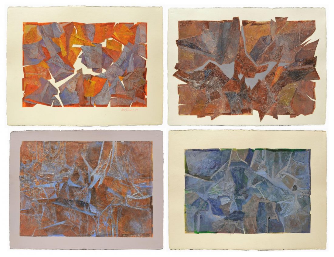 (4) MODERN MIXED MEDIA COLLAGES, VERA SIMONS: (lot of 4) Unframed mixed media collages on watercolor paper, by Vera Simons (Vera Habrecht Simons, German/ American, 1920-2012), two signed and dated Vera Simons 85, overall each: 22.75"h, 30"w, 4.25