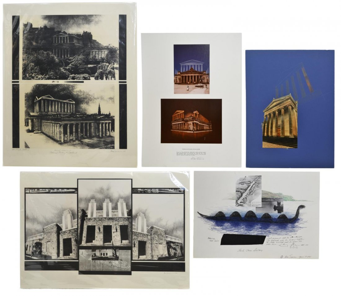 (5) MIXED MEDIA COLLAGES & DRAWINGS, VERA SIMONS: (lot of 5) Collection of unframed mixed collage on board, by Vera Simons (Vera Habrecht Simons, German/ American, 1920-2012), comprising: (1) poster, "Proposal for the Royal Scottish Academy", signed 