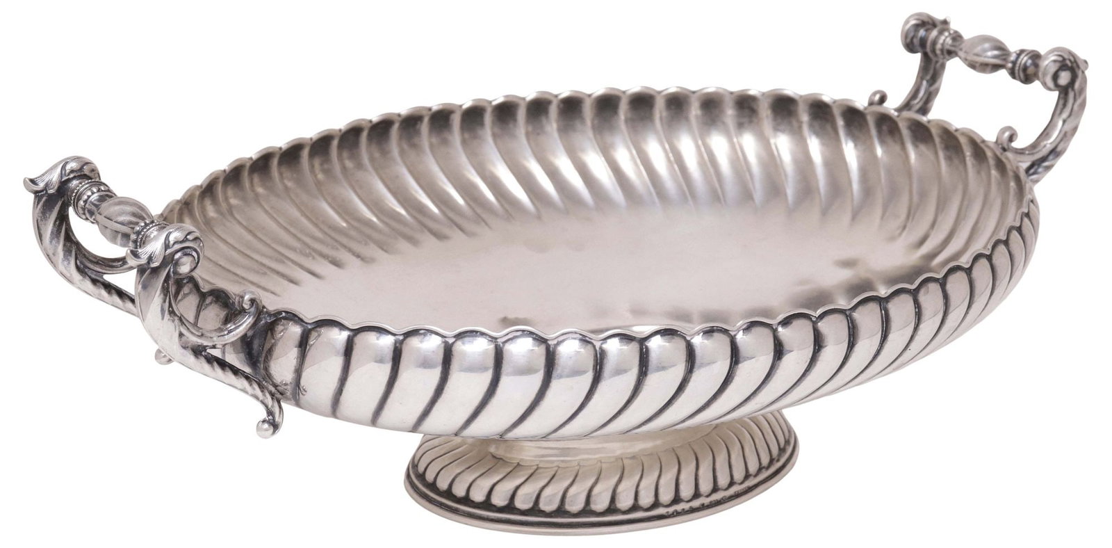 GERMAN WILHELM BINDER .800 SILVER FOOTED CENTERPIECE BOWL: German .800 silver footed centerpiece bowl, Wilhelm Binder, having dual scrolled handles, above gadrooned basin, crown and crescent moon hallmark, with maker's initials and "Keyser" mark at base, numb