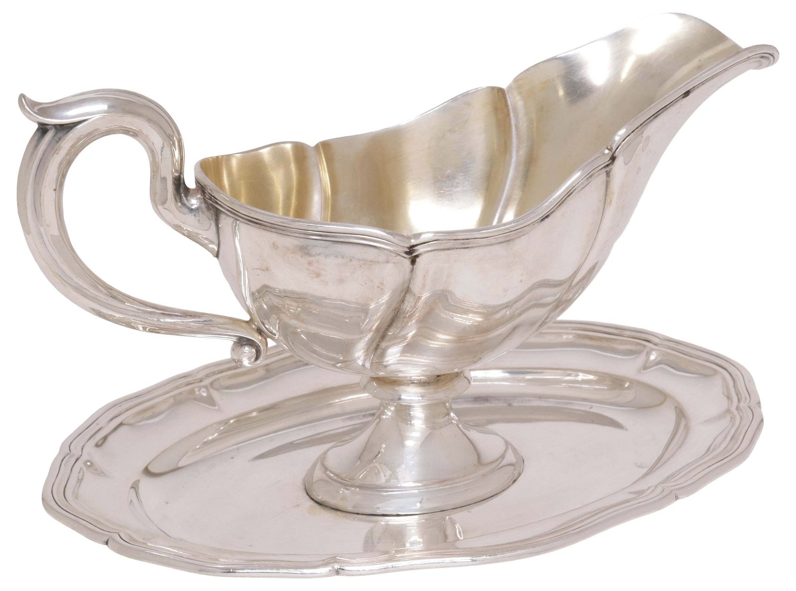 OTTO HINTZE GERMAN .800 SILVER SAUCEBOAT W/ CONJOINED UNDERPLATE: German .800 silver sauceboat, Otto Hintze, Hamburg, stepped border on the body with scrolled handle, interior with remnants of a gilt wash, on conjoined foot, makers name and marked 800 underfoot, app