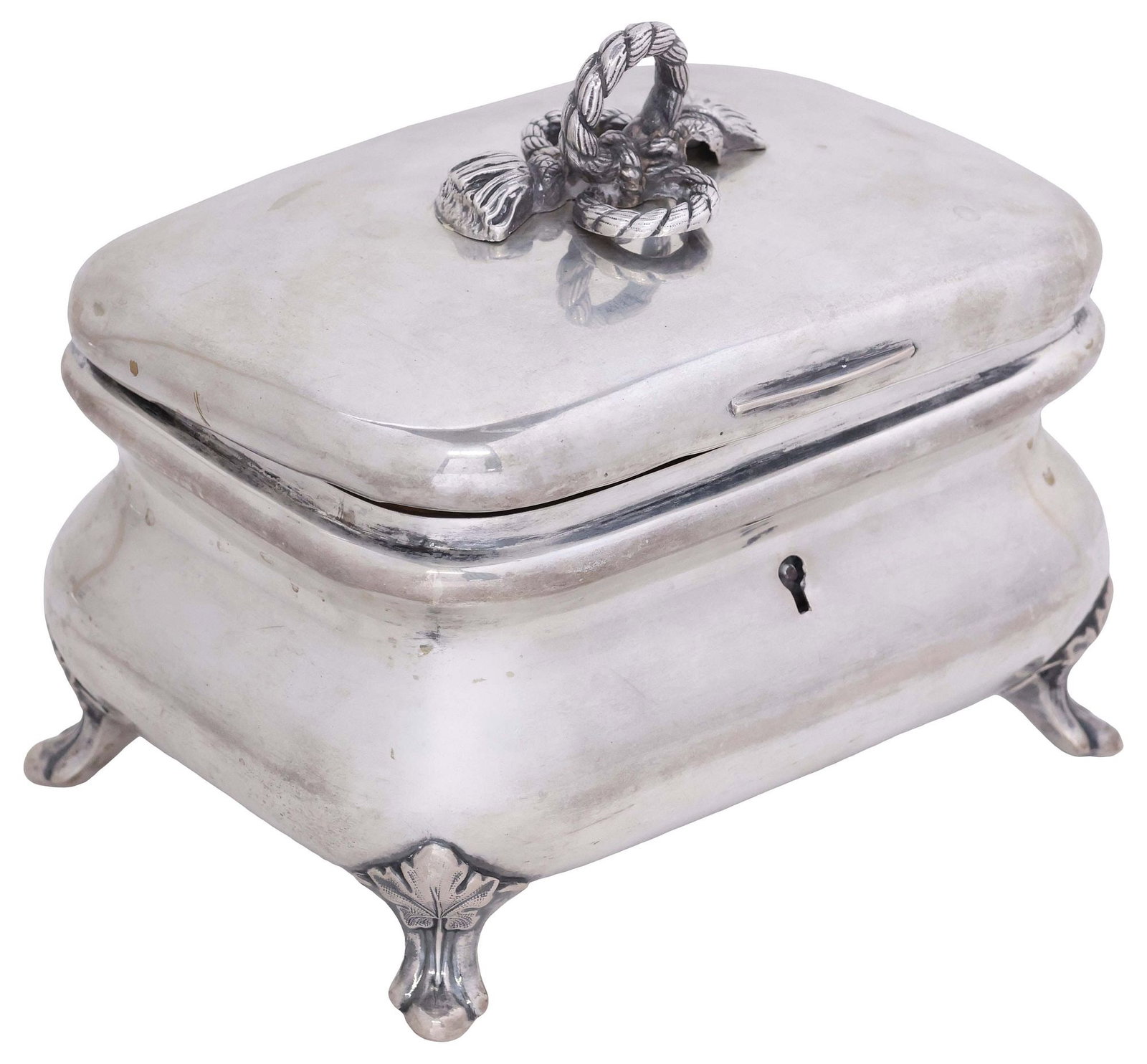 GERMAN .750 SILVER & VERMEIL BOMBE-FORM COVERED SUGAR BOX: German .750 silver covered sugar box, hinged lid with twisted rope and tassel finial, over rectangular bombe case, with gilt-washed interior, rising on splayed feet with foliate terminals, hallmarked 