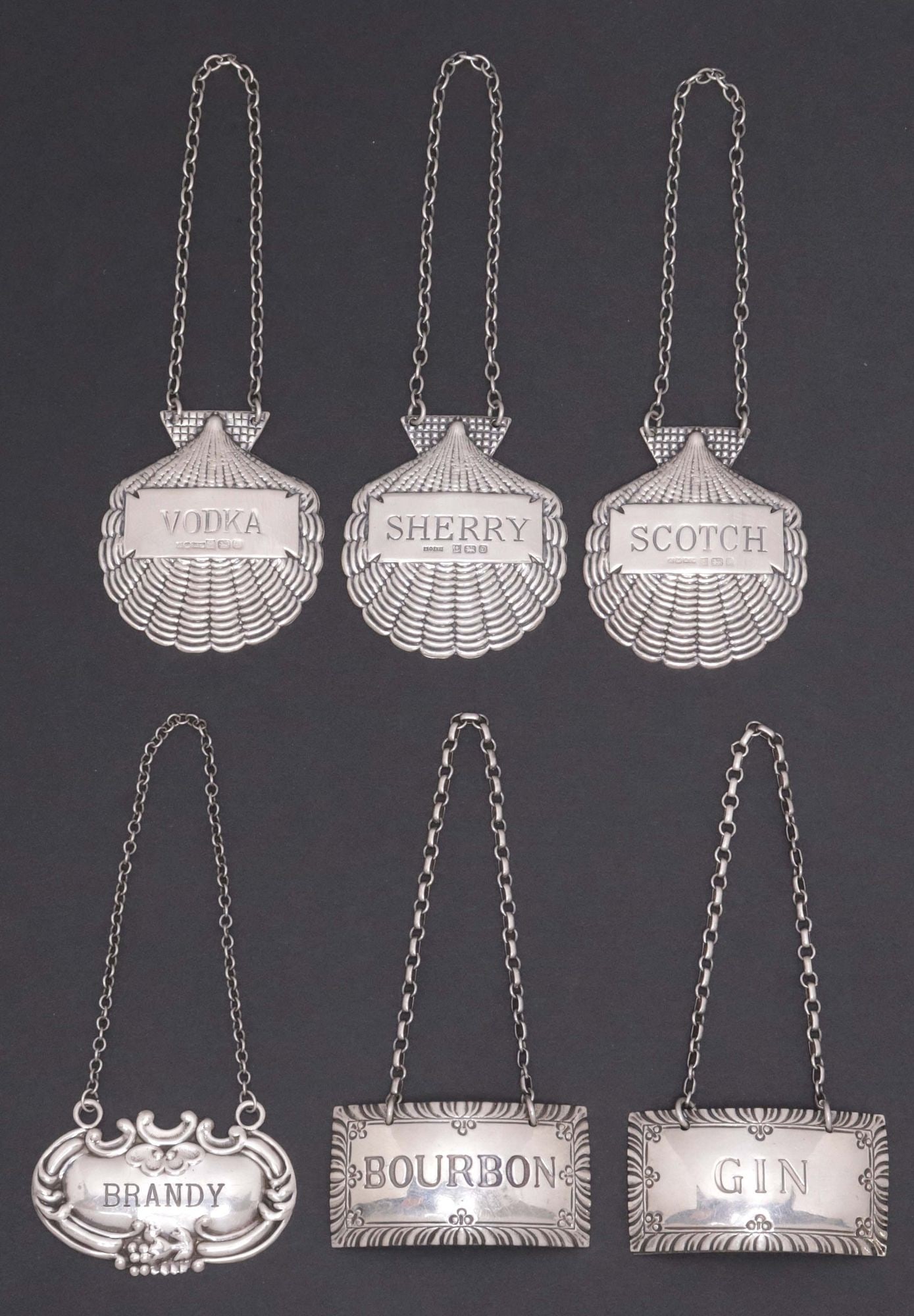 (6) STERLING SILVER SILVER SHELL & OTHER SHAPED LIQUOR DECANTER TAGS (1 of 4)