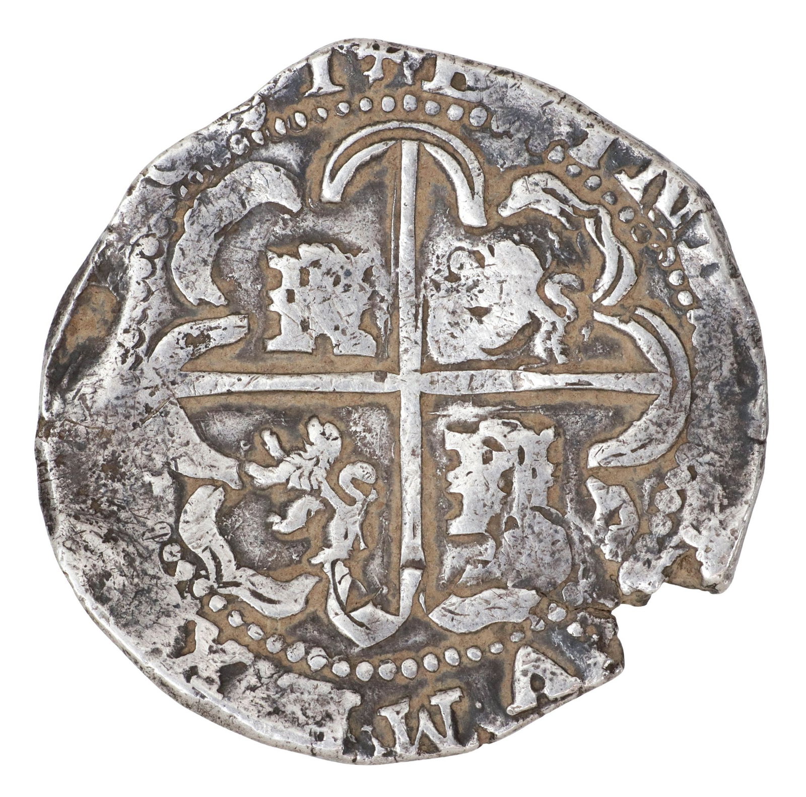 SPANISH COLONIAL 8 REALE SILVER COB COIN, MEXICO, 17TH C.: Spanish Colonial coin, 8 reales, Mexico City, Philip IV era, mid 17th c., assayer D, the obverse having an off center shield with castles and lions and the denomination “8” to the right, t