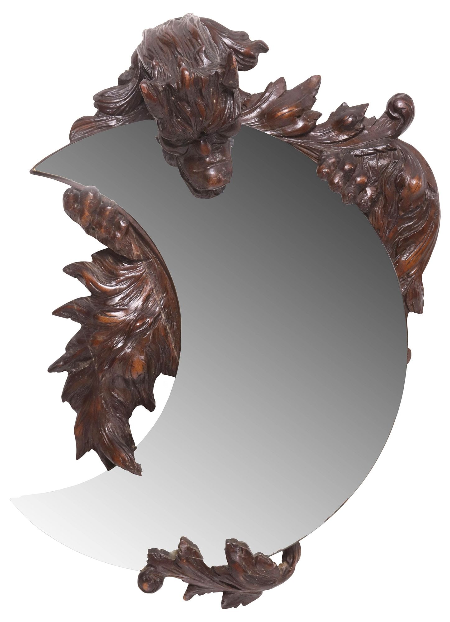 MANNER OF GABRIEL VIARDOT JAPONISME CARVED DRAGON & MOON MIRROR: Aesthetic Movement Japonisme carved hardwood wall mirror, the manner of Gabriel Viardot (French, 1830-1906), early 20th c., having protruding dragon, encasing moon-shaped beveled mirror plate, scatter