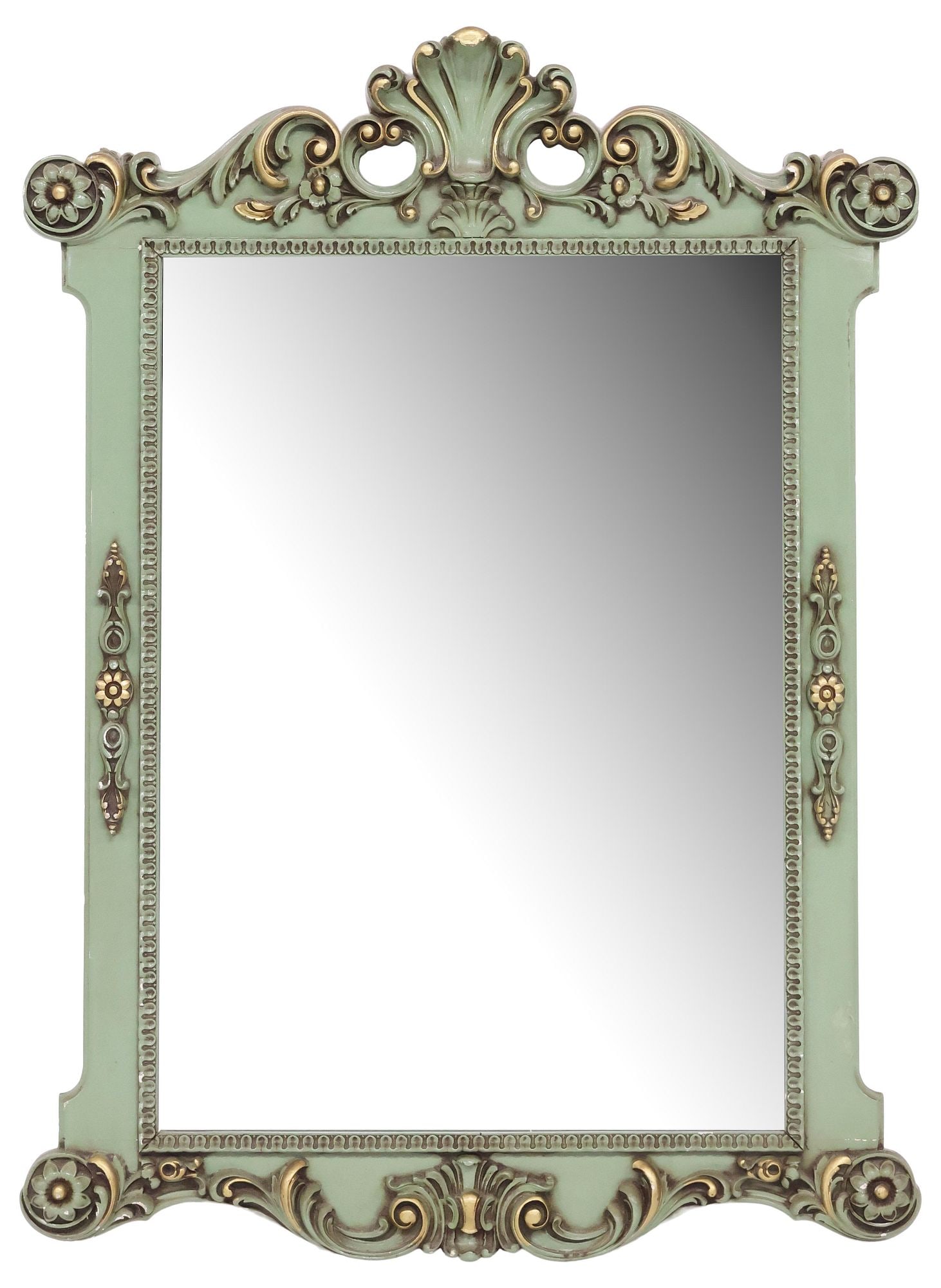 ITALIAN GREEN-PAINTED & PARCEL-GILT WALL MIRROR: Italian paint-decorated wall mirror, 20th c., having fanned crest, flanked by floral roundels and foliate scrollwork, with parcel-gilt trim, encasing flat mirror plate, approx 39.5"h, 28.75"w, 18lbs