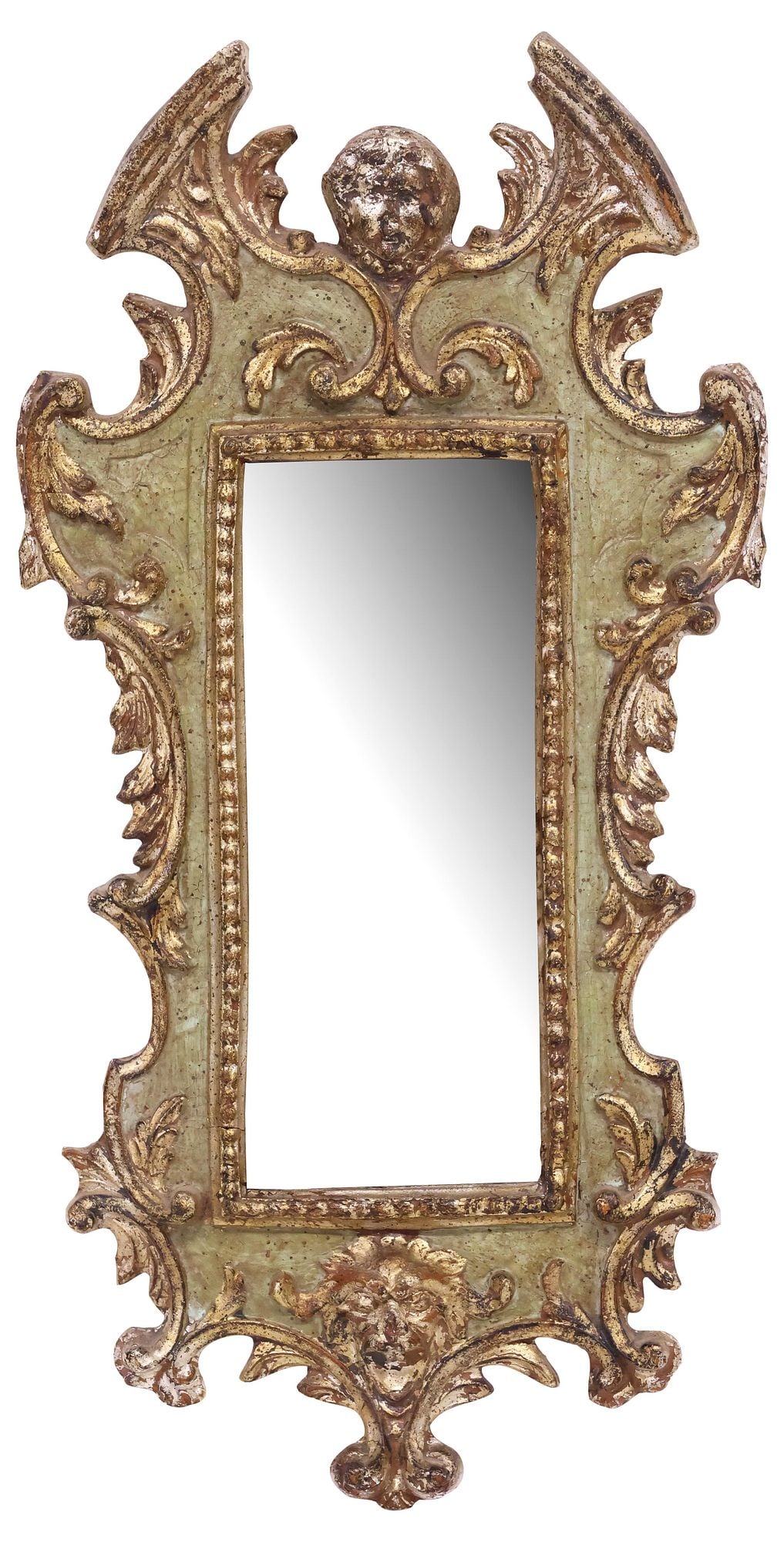 ITALIAN BAROQUE STYLE SILVER GILT & PAINTED CHERUB MIRROR: Italian Baroque style silver gilt and painted mirror, 19th c., having figural split pediment crest, over scrolling frame, encasing flat antiqued mirror plate, approx 26.5"h, 13.5"w, 3.75lbs