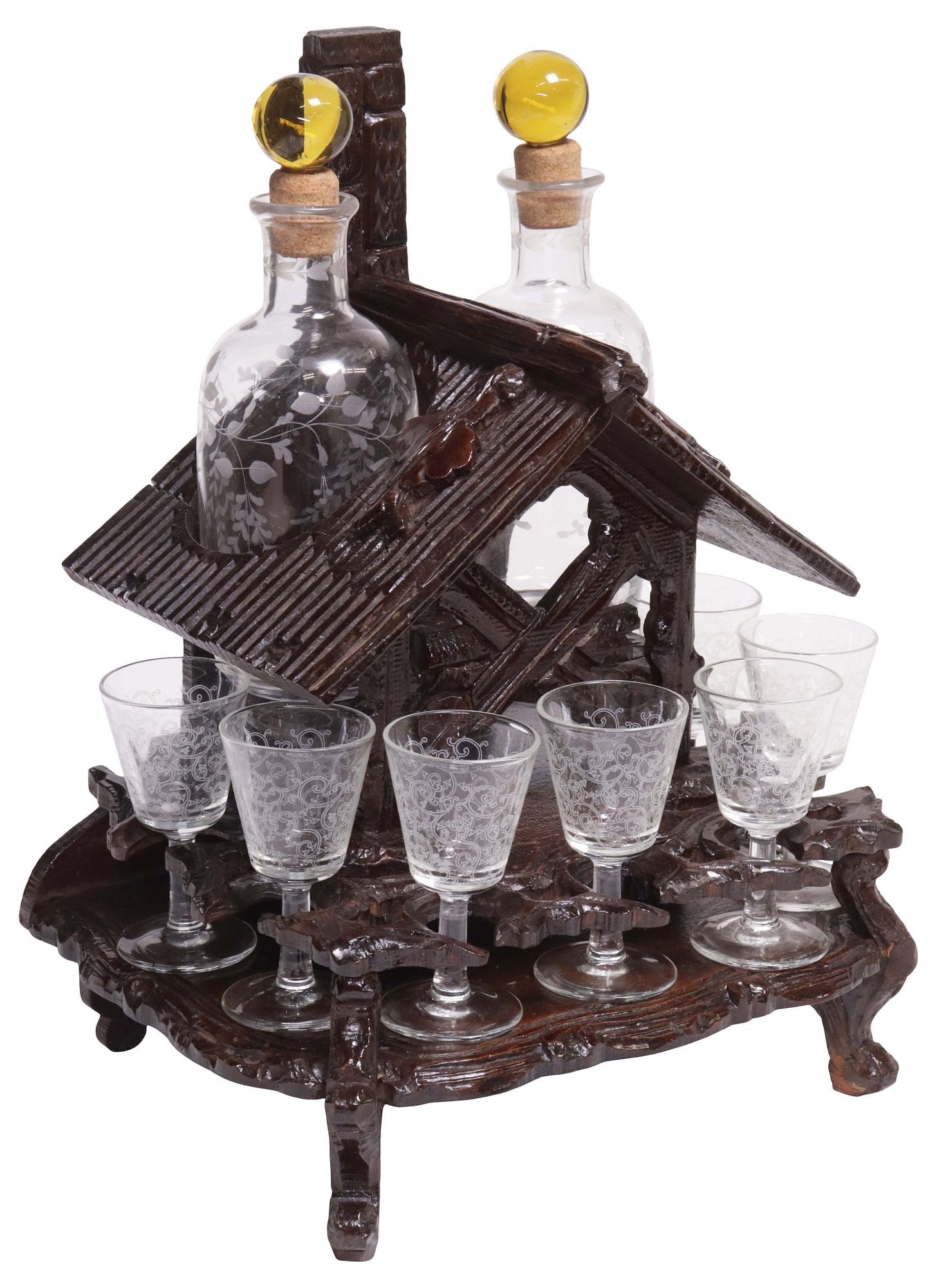 BLACK FOREST CARVED WALNUT HOUSE-FORM TANTALUS SET (1 of 7)