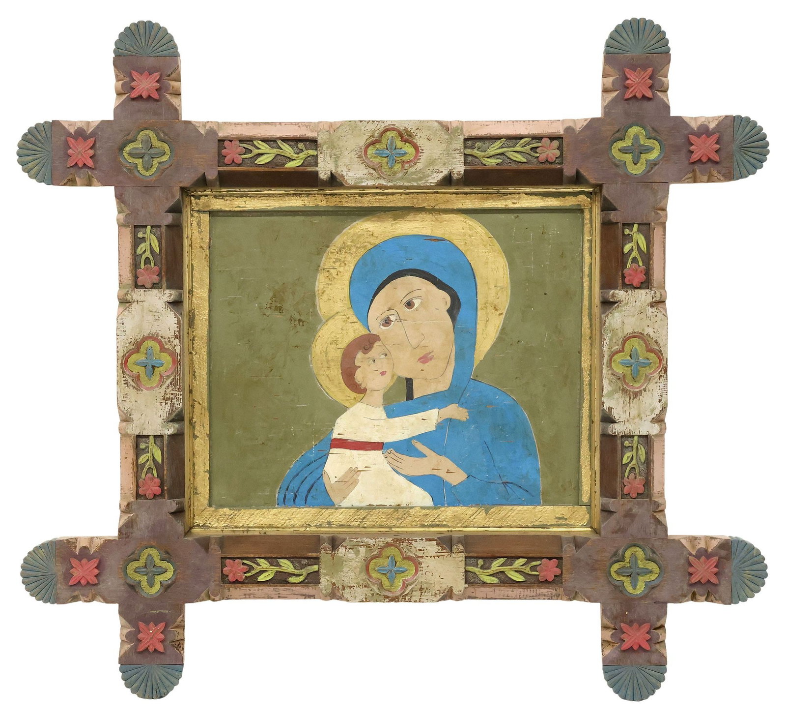FOLK ART FRAMED RELIGIOUS PAINTING ON PANEL, MADONNA & CHILD (1 of 3)