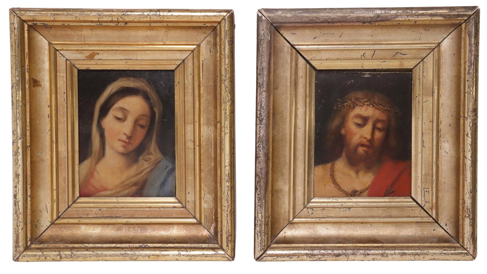 (2) FRENCH SCHOOL GILTWOOD-FRAMED RELIGIOUS PAINTINGS, MARY & JESUS (1 of 4)