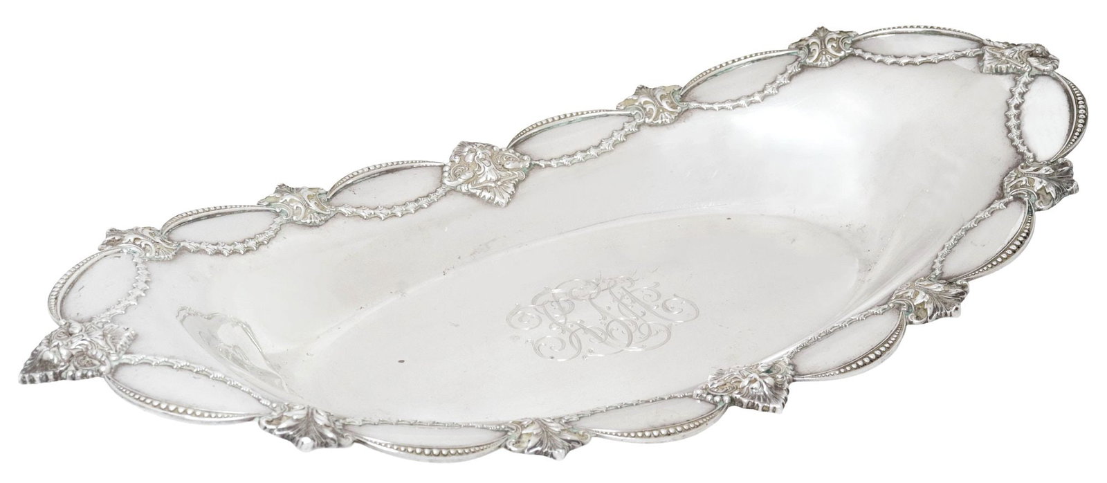 AMERICAN SIMONS BROTHERS STERLING SILVER OVAL BREAD TRAY: American sterling silver oval bread tray, Simons Brothers, scalloped border with draped foliate swag and beaded trim, interspersed with grotesque masks and acanthus scrolls, triple monogram KJA, hallm