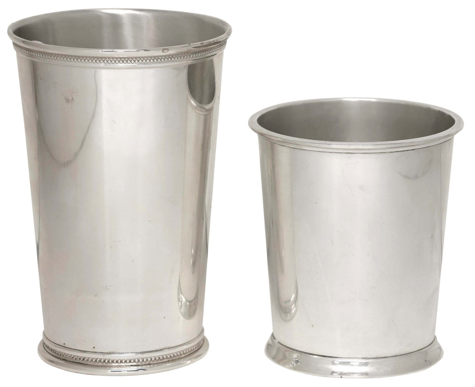 (2) AMERICAN STERLING SILVER CUPS, TIFFANY & CO. HIGHBALL & FISHER MINT JULEP: (lot of 2) American sterling silver cups, each hallmarked sterling with maker's mark underfoot, including: (1) highball tumbler, Tiffany and Company, with beaded trim, approx 5"h, 3 3/8"diam; (1) mint