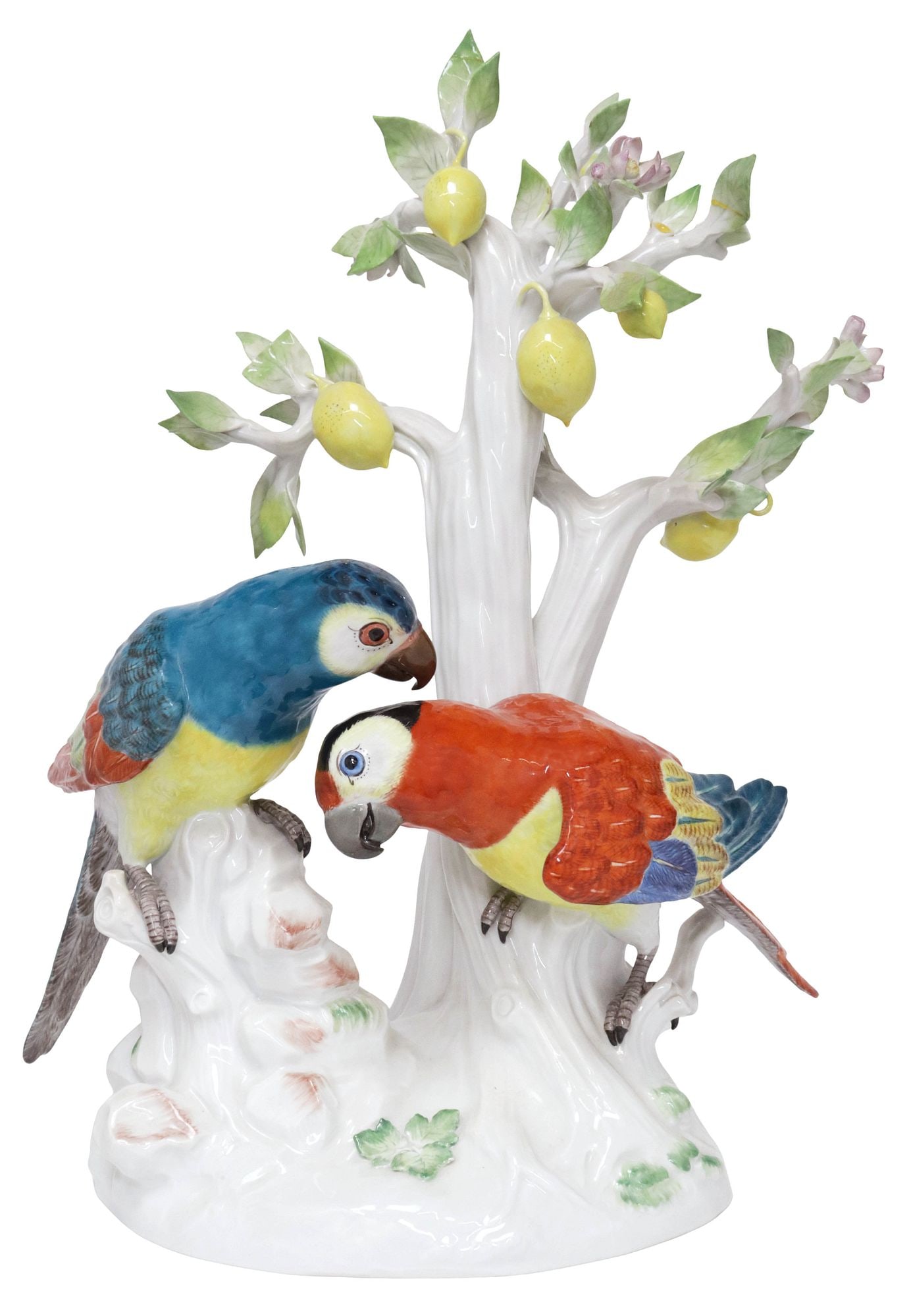 LARGE GERMAN MEISSEN PORCELAIN PARROTS WITH A LEMON TREE, 15"H: German Meissen porcelain sculpture, Parrots Under a Lemon Tree, after the models by J.J. Kaendler (Johann Joachim Kandler, German, 1706-1775), featuring a pair of birds with blue and red plumage, perc