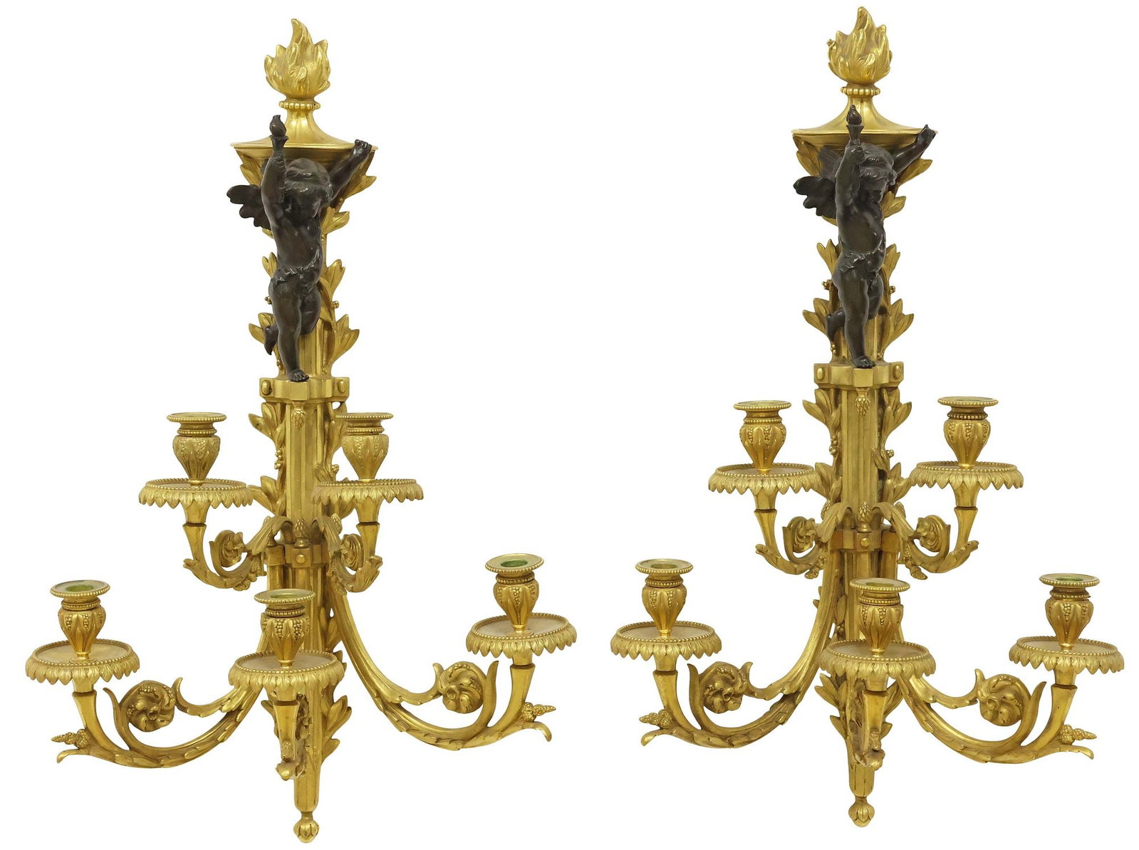 (2) LARGE LOUIS XVI STYLE ORMOLU & PATINATED BRONZE 5-LIGHT CANDLE SCONCES (1 of 4)
