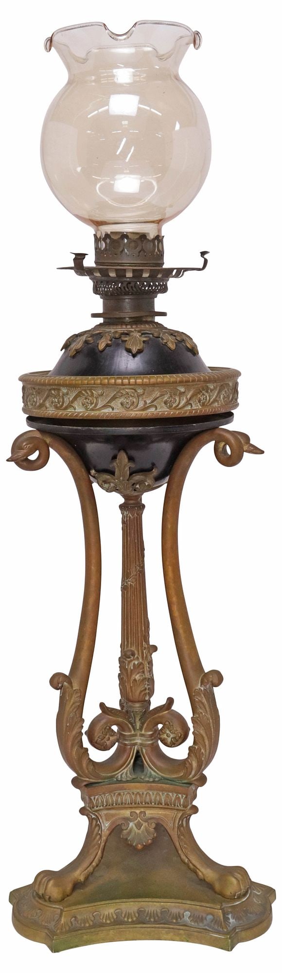 FRENCH EMPIRE GILT-METAL SWAN NECK ELECTRIFIED OIL LAMP: French Empire gilt-metal oil lamp, 19th c., now electrified, having bulbous globe, above gilt metal ring with running ornamentation, fluted standard with swan neck supports, rising on tripartite paw f