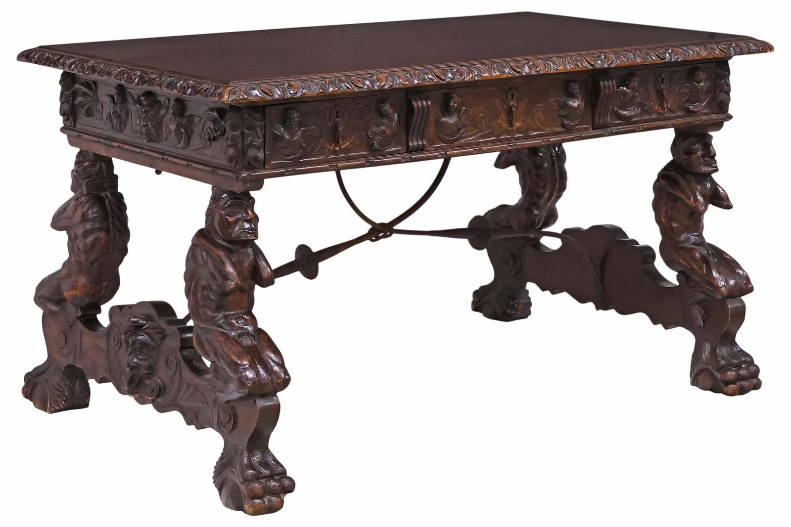 SPANISH RENAISSANCE REVIVAL CARVED WALNUT FIGURAL LIBRARY TABLE (1 of 7)