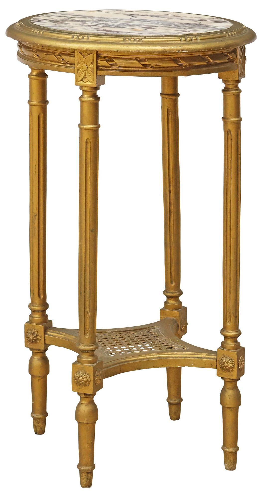FRENCH LOUIS XVI STYLE MARBLE-TOP GILTWOOD PEDESTAL: French Louis XVI style giltwood pedestal/ plant stand, early 20th c., inset circular marble top, rising on fluted legs joined by caned medial shelf, ending on tapered feet, approx 28.5"h, 16"diam