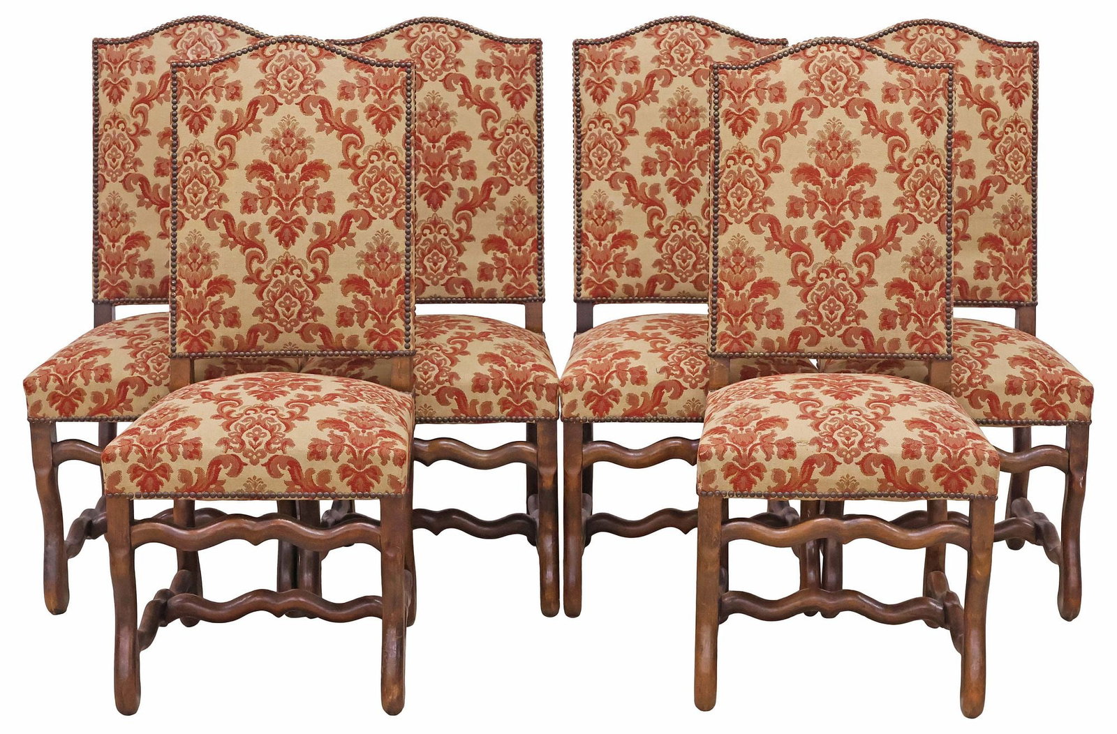 (6) FRENCH LOUIS XIV STYLE UPHOLSTERED WALNUT HIGHBACK DINING CHAIRS: (lot of 6) French Louis XIV style walnut highback dining chairs, 20th c., padded back and seat in patterned fabric upholstery, rising on stretcher-joined volute supports, approx 42"h, 19.25"w, 17"d, s