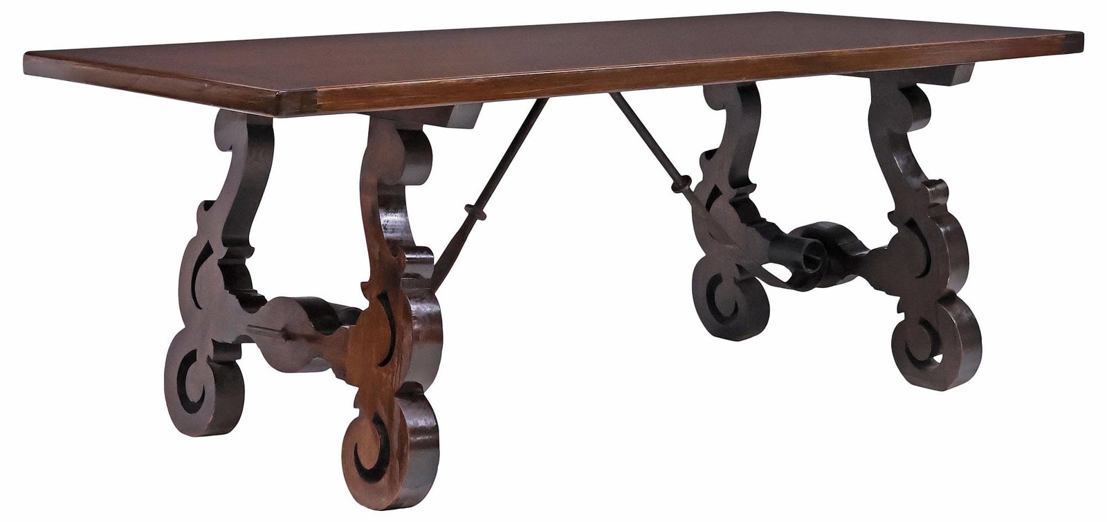 BAROQUE STYLE OAK & WROUGHT IRON TRESTLE DINING TABLE, 78"L (1 of 6)