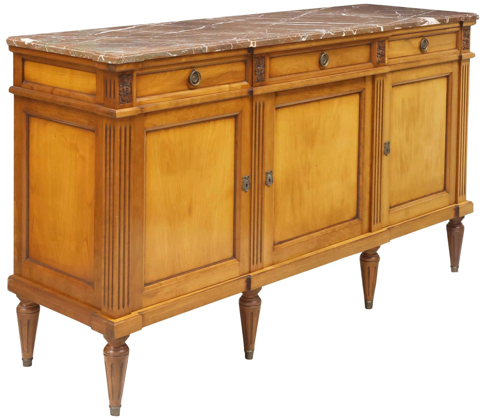 FRENCH LOUIS XVI STYLE MARBLE-TOP FRUITWOOD BREAKFRONT SIDEBOARD: French Louis XVI style fruitwood breakfront sideboard, early 20th c., shaped marble top and three drawers, above three paneled cabinet doors, each with fixed-height shelf, spaced by fluted posts, on t