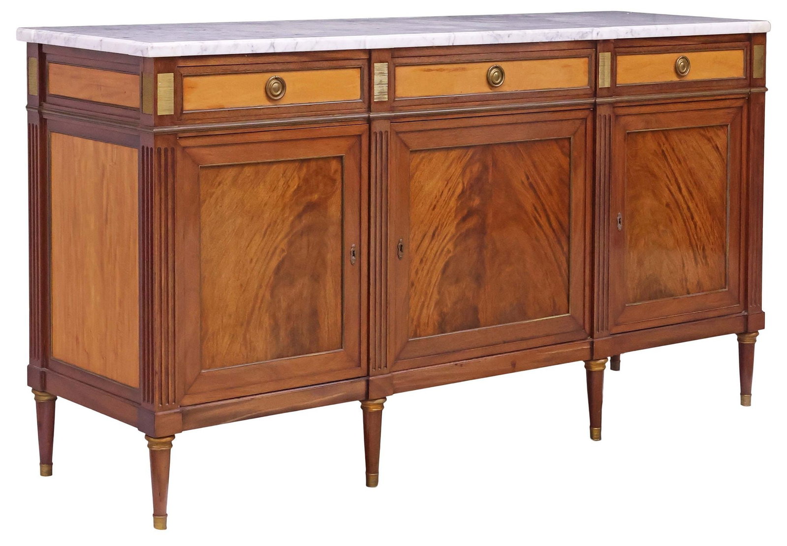 FRENCH LOUIS XVI STYLE MARBLE-TOP LACQUERED MAHOGANY SIDEBOARD: French Louis XVI style flame mahogany sideboard, early 20th c., in a lacquered finish with contrasting drawer fronts and side panels, shaped marble top, above three drawers, and three cabinet doors, e