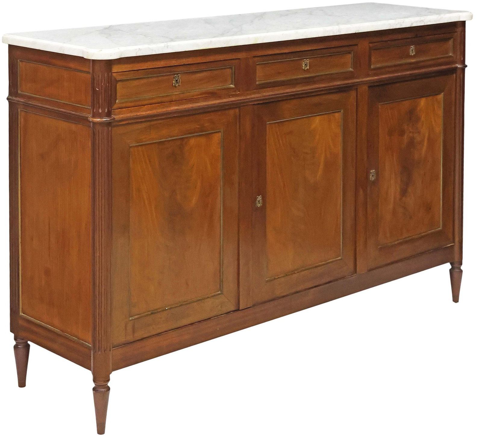 FRENCH LOUIS XVI PERIOD MARBLE-TOP MAHOGANY SIDEBOARD: French Louis XVI style figured mahogany sideboard, late 19th/ early 20th c., shaped marble top, above three drawers, three cabinet doors enclosing adjustable shelving, flanked by fluted corner posts, 