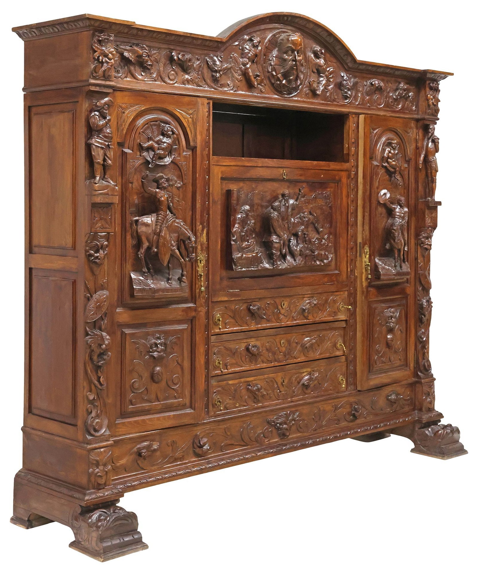 SPANISH RENAISSANCE REVIVAL HIGHLY-CARVED WALNUT 'DON QUIXOTE' SECRETARY BOOKCASE (1 of 8)