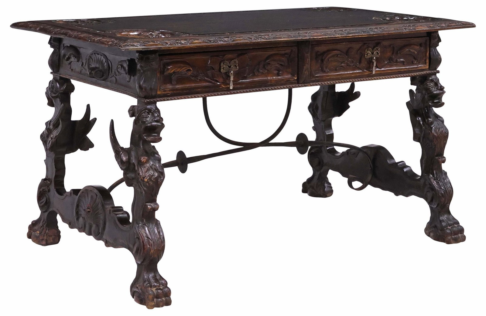 SPANISH RENAISSANCE REVIVAL CARVED WALNUT FIGURAL WRITING DESK (1 of 7)