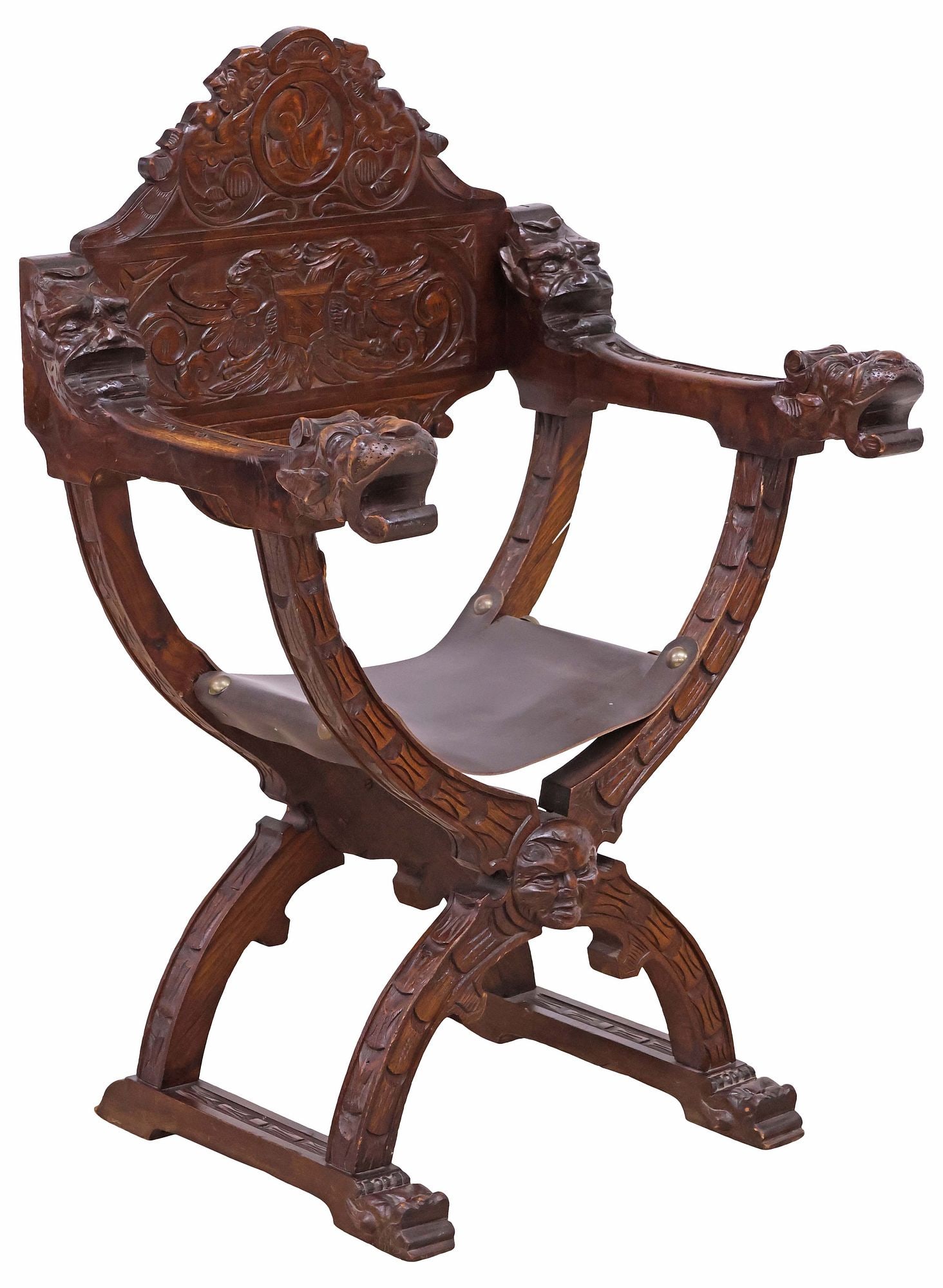 SPANISH RENAISSANCE REVIVAL CARVED WALNUT LEATHER-SEAT CURULE CHAIR (1 of 6)