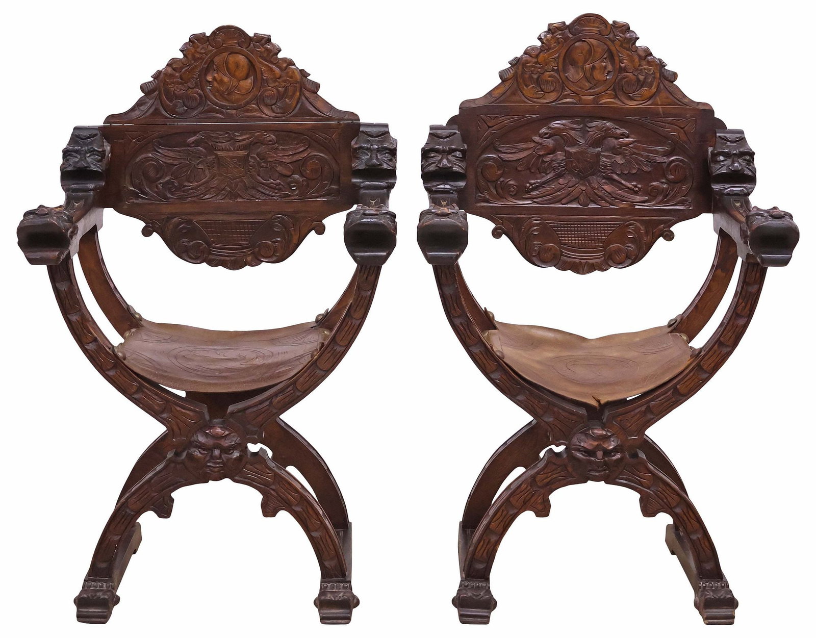 (2) SPANISH RENAISSANCE REVIVAL CARVED WALNUT & LEATHER CURULE CHAIRS (1 of 7)
