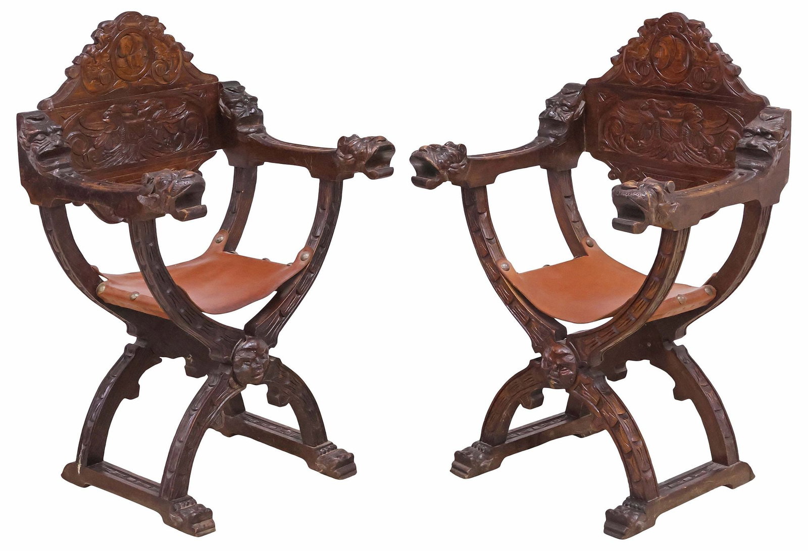 (2) SPANISH RENAISSANCE REVIVAL CARVED WALNUT CURULE CHAIRS (1 of 8)