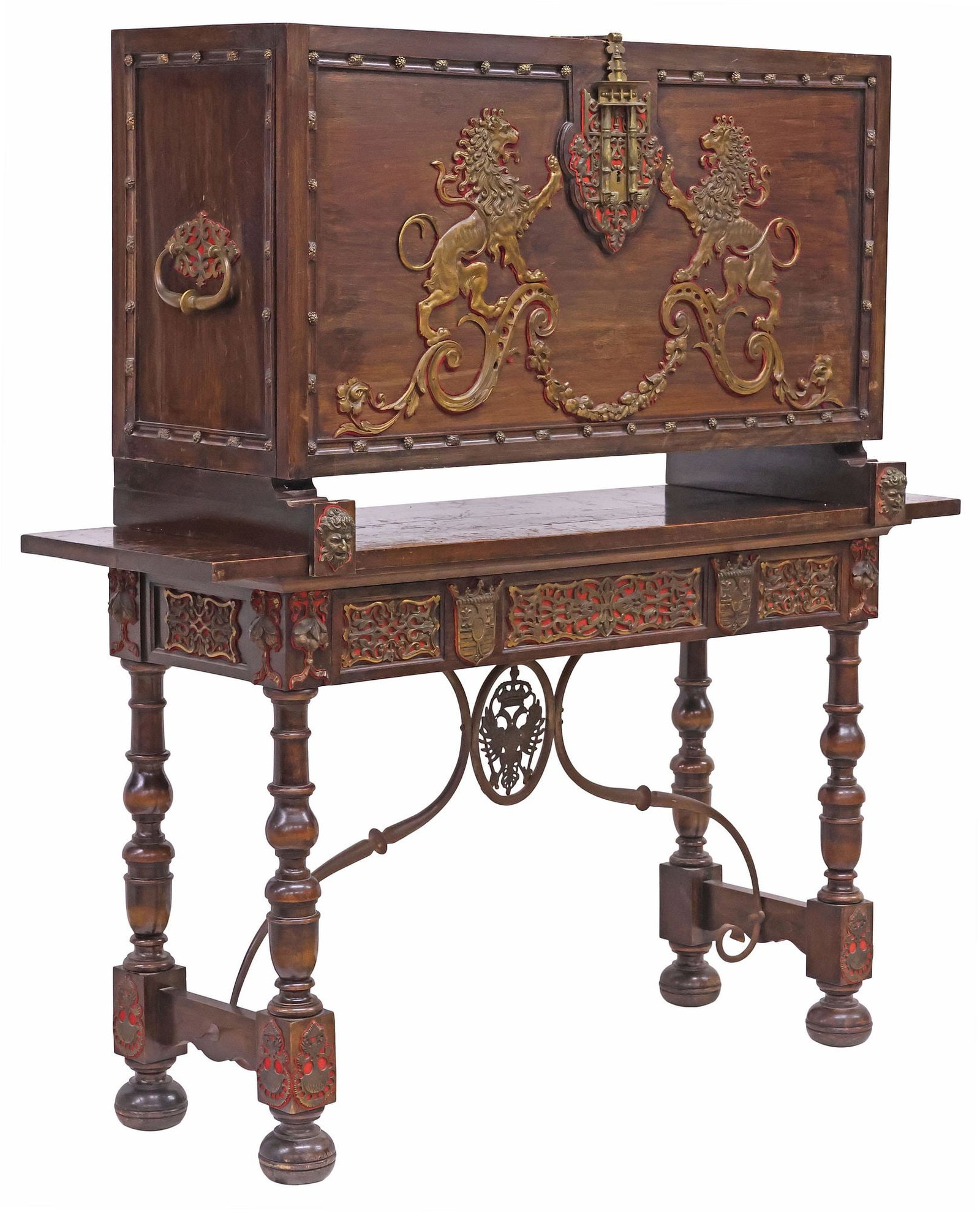 SPANISH BAROQUE STYLE MOUNTED WALNUT VARGUENO CABINET ON STAND (1 of 8)