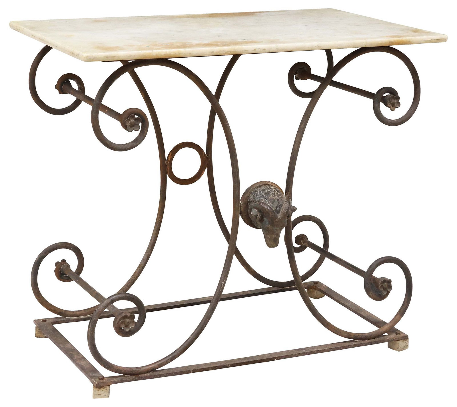 FRENCH MARBLE-TOP SCROLLED WROUGHT IRON PASTRY TABLE: French wrought-iron pastry table, early 20th c., having rectangular marble top, on scrolled base with ram's head motif, approx 34"h, 39.5"w, 24"d **PLEASE NOTE: All the cast stone and garden pieces in