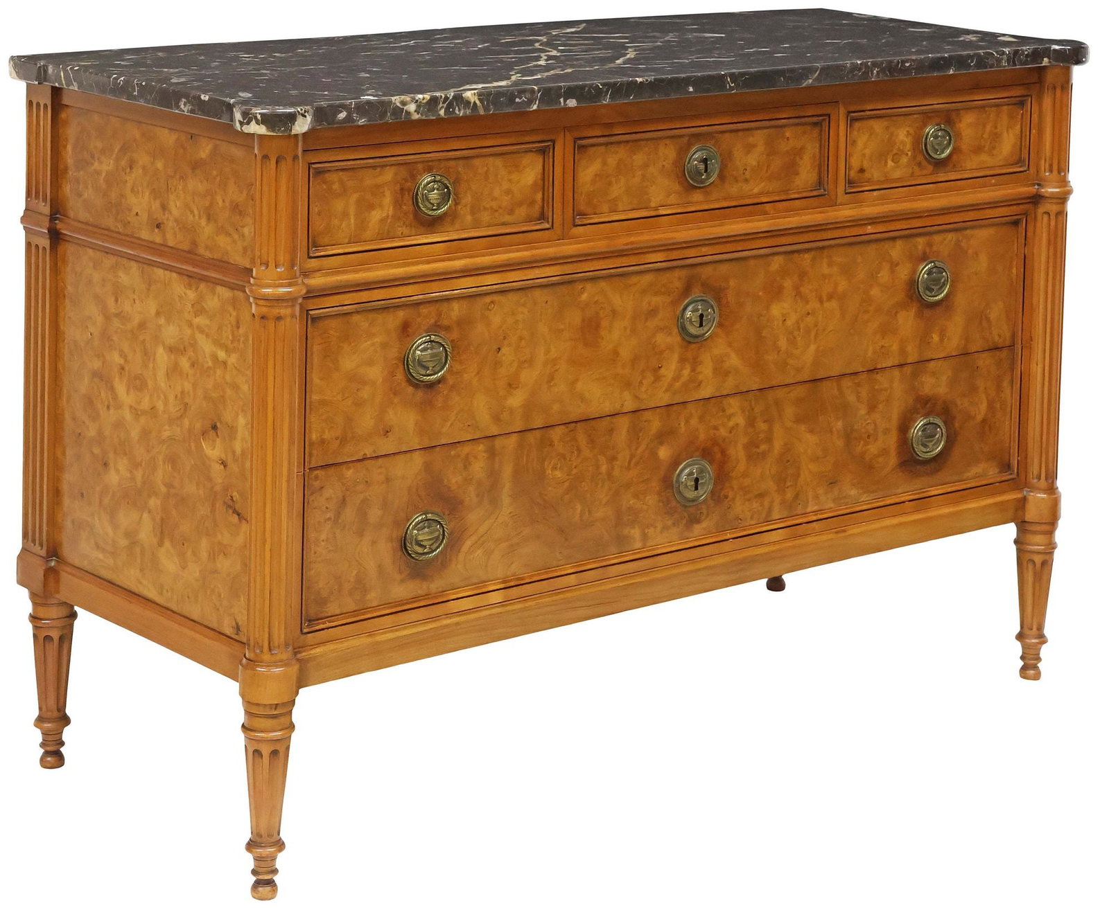 FRENCH LOUIS XVI STYLE MARBLE-TOP BURLWOOD 3-DRAWER COMMODE (1 of 5)