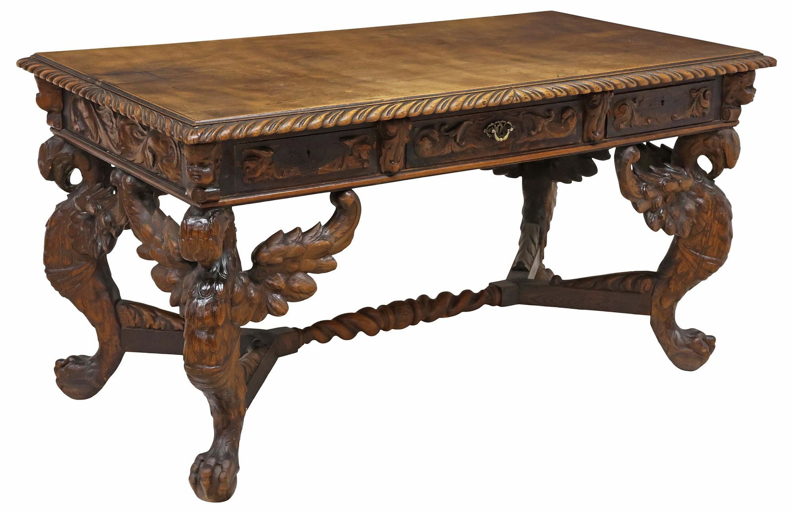 SPANISH RENAISSANCE REVIVAL CARVED OAK 'EAGLE' WRITING DESK (1 of 6)