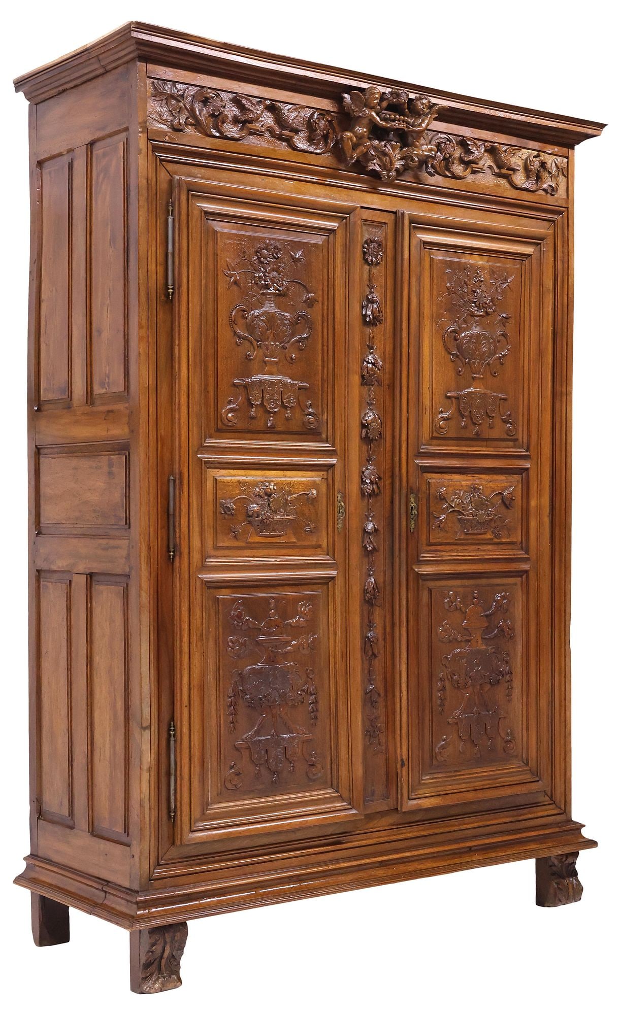 FRENCH PROVINCIAL CARVED WALNUT WEDDING ARMOIRE, 100"H: French Provincial carved walnut wedding armoire, 19th c., step-molded cornice above scrolling foliate frieze with lovebirds flanking pair of winged putti, fitted with two paneled doors on long exterio