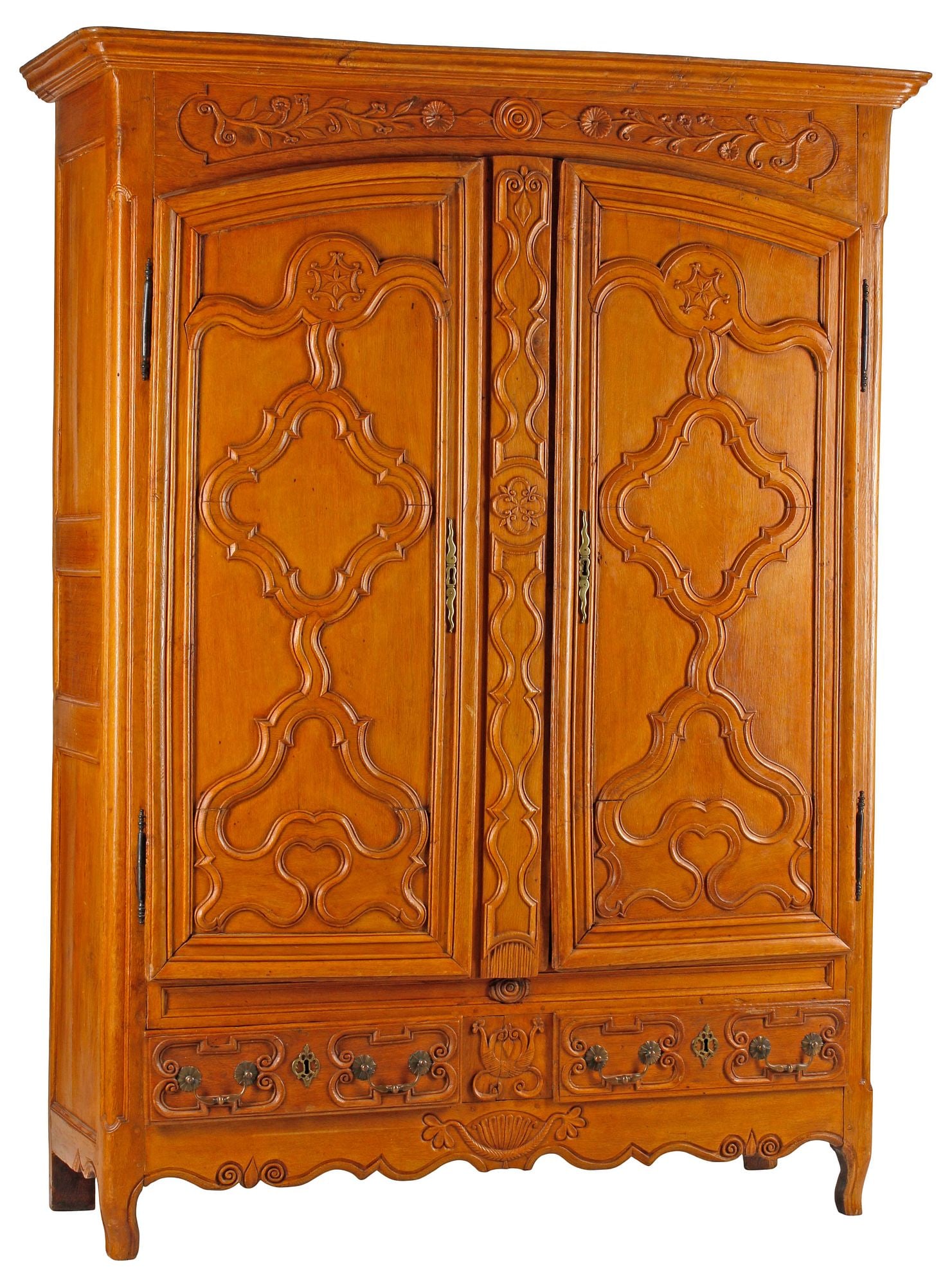 FRENCH PROVINCIAL CARVED WOOD ARMOIRE CABINET: French Provincial carved wood armoire, 19th c., having stepped cornice and foliate frieze, above dual paneled cabinet doors, interior revealing slats for fixed-height shelving, two lower drawers, risi