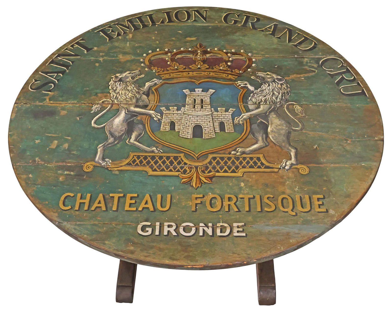 FRENCH PAINTED COAT OF ARMS TILT-TOP WINE TASTING TABLE: French paint-decorated tilt-top wine tasting table, 19th c., oval plank top in a later painted finish centering armorial shield crest with three turrets flanked by heraldic lions, inscribed "Saint Emi