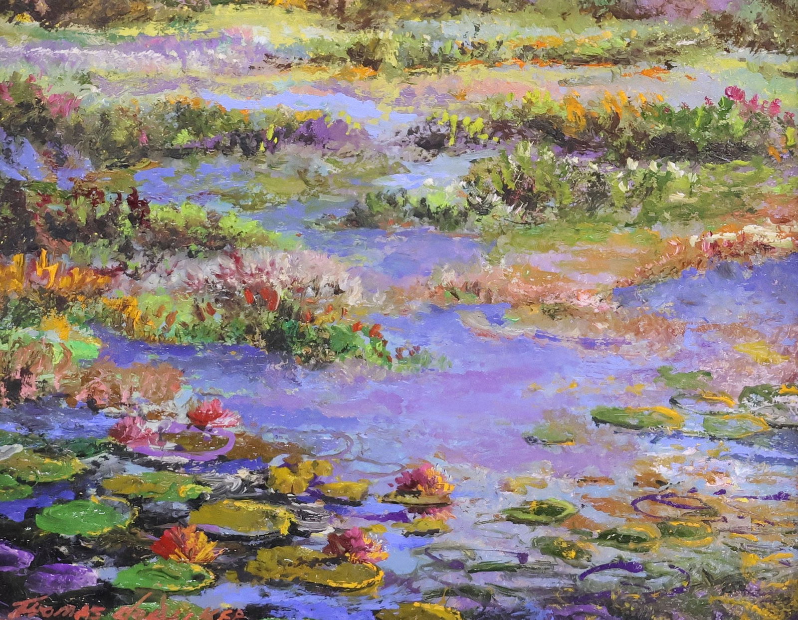 THOMAS deDECKER (B.1951) OIL PAINTING, 'PINK POND FLOWERS,' 8" X 10": Framed oil on board painting, "Pink Pond Flowers," signed lower left Thomas deDecker (American, b.1951), titled and dated 2026 with additional artist's signature verso, sight: approx 7 3/8"h, 9 3/8"w,