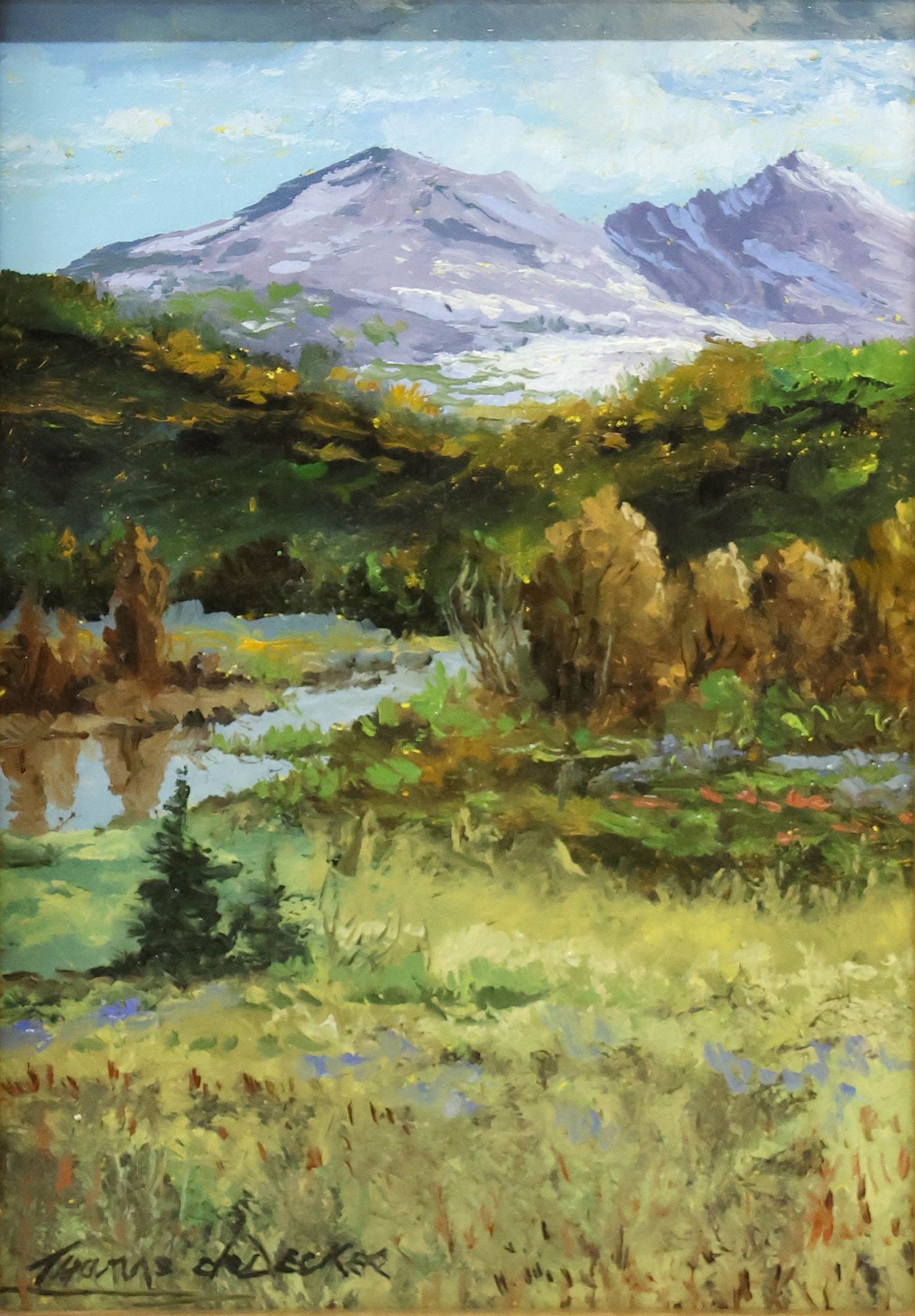THOMAS deDECKER (B.1951) OIL PAINTING, 'AUTUMN IN THE MOUNTAINS,' 7" X 5": Framed oil on board painting, "Autumn in the Mountains," signed lower left Thomas deDecker (American, b.1951), titled and dated 2026 with additional artist's signature verso, sight: approx 6.5"h,