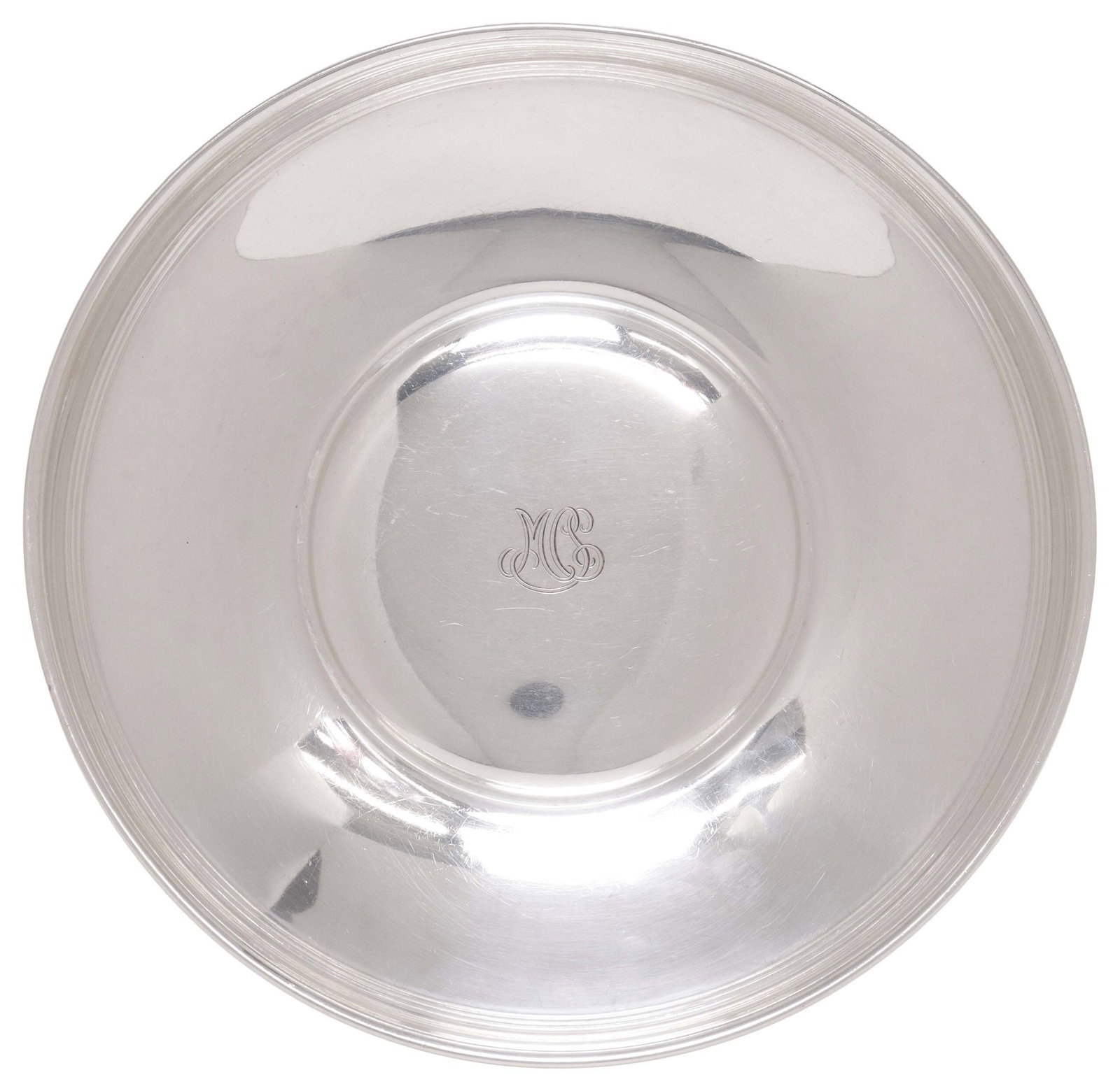 TIFFANY & CO. STERLING SILVER CENTER BOWL, 13.50OZT: American silverplate service bowl, Tiffany & Company Makers, c. 1914/1915, directorship of John C. Moore II, model/ pattern 18720, simple tapered form, well with triple monogram MCS, full marks, produ