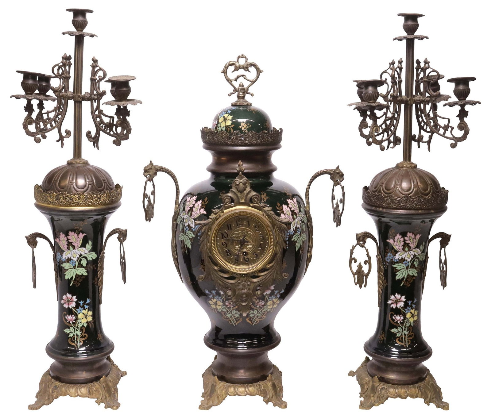 (3) FRENCH MOUNTED PORCELAIN MANTEL CLOCK & CANDELABRA GARNITURE SET (1 of 9)